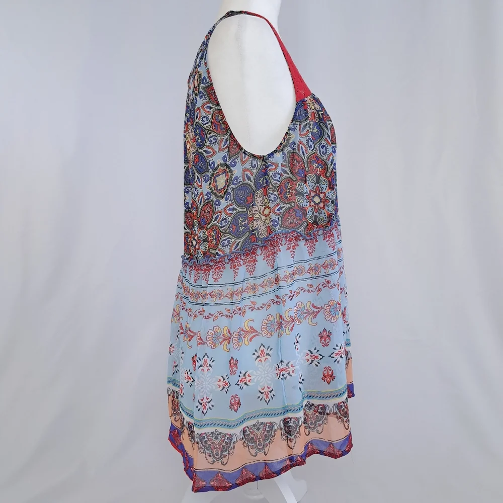 Fig and Flower Sheer Boho Tie-Front Mixed Print Sleeveless Top NWT